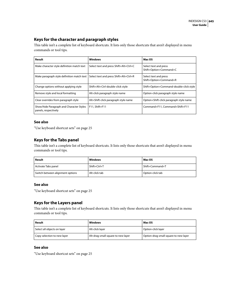 Keys for the character and paragraph styles, Keys for the tabs panel, Keys for the layers panel | Adobe InDesign CS3 User Manual | Page 652 / 672