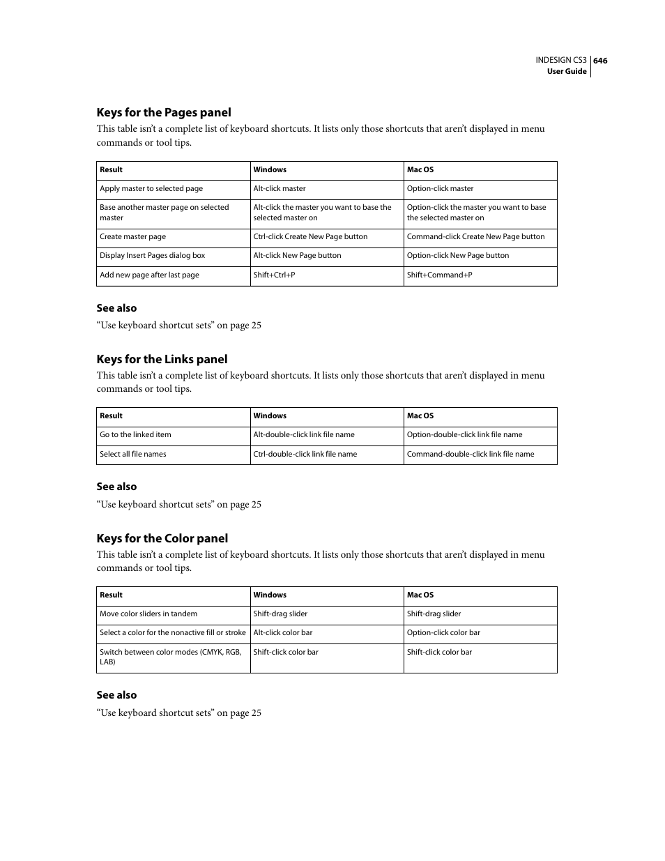 Keys for the links panel, Keys for the color panel, Keys for the pages panel | Adobe InDesign CS3 User Manual | Page 653 / 672