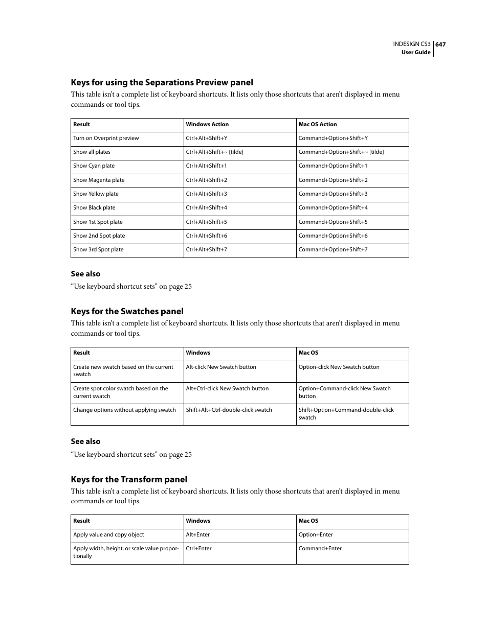 Keys for using the separations preview panel, Keys for the swatches panel, Keys for the transform panel | Adobe InDesign CS3 User Manual | Page 654 / 672