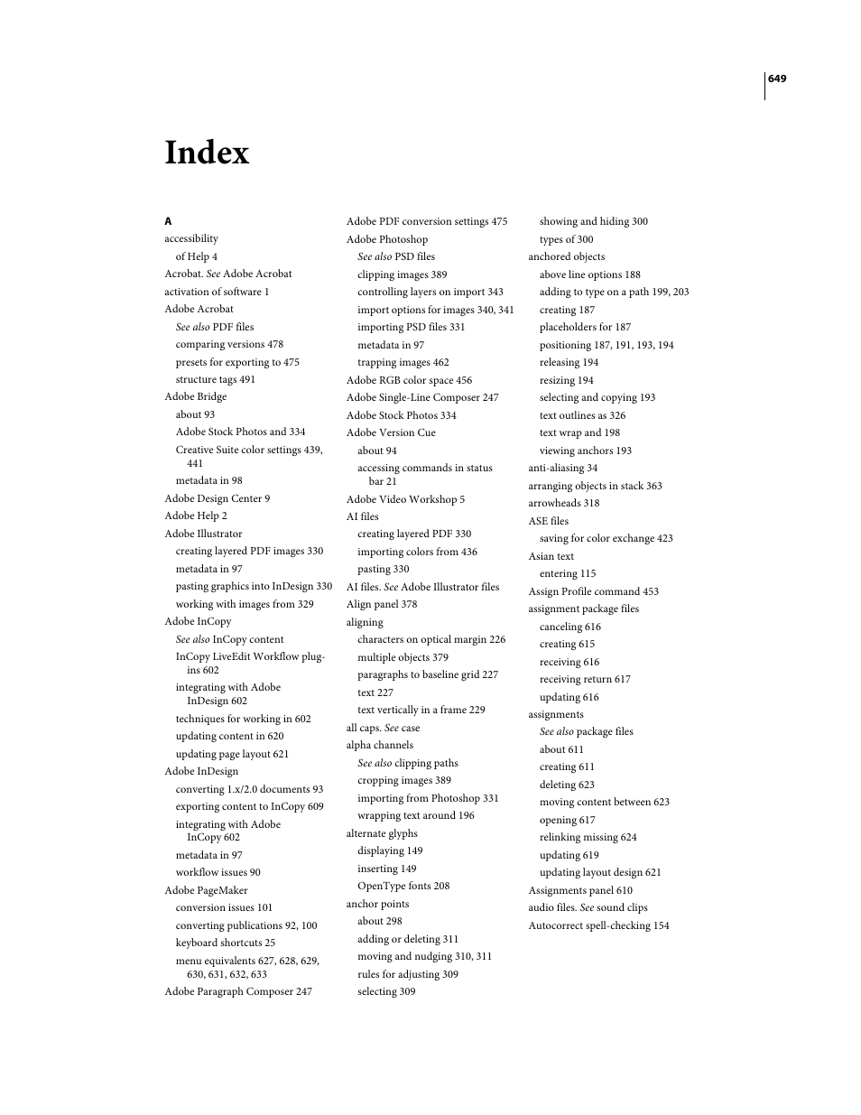 Index | Adobe InDesign CS3 User Manual | Page 656 / 672