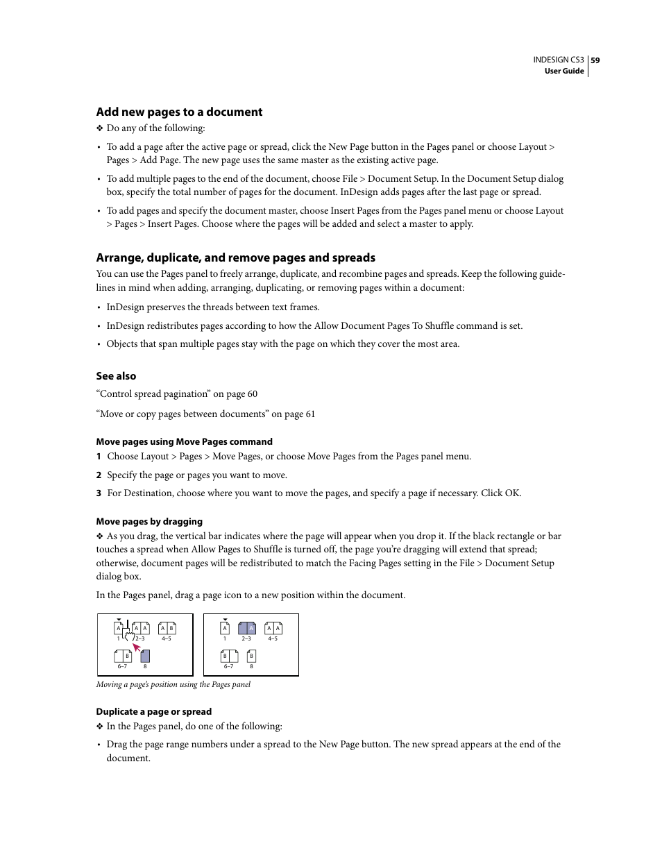 Add new pages to a document, Arrange, duplicate, and remove pages and spreads | Adobe InDesign CS3 User Manual | Page 66 / 672