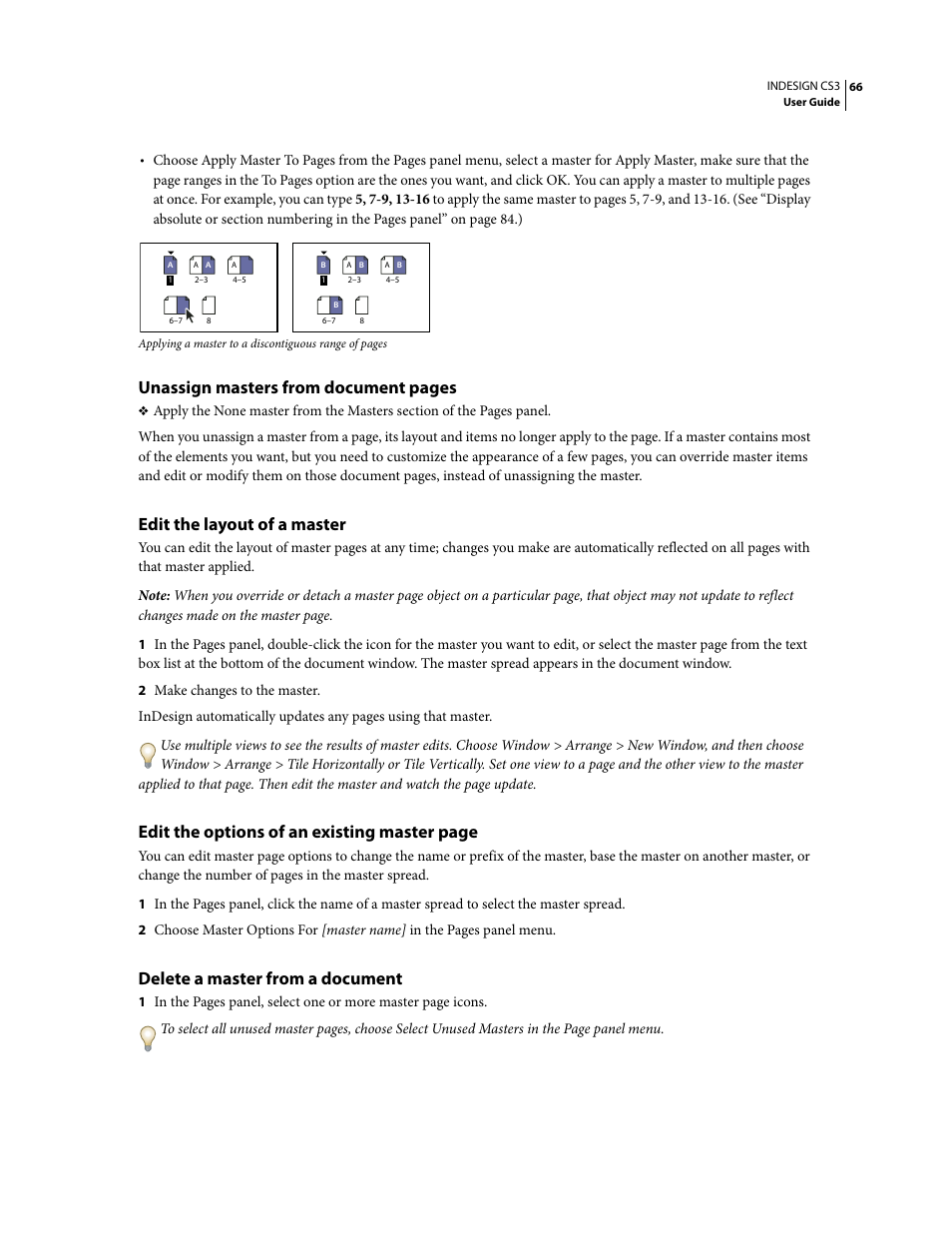 Edit the layout of a master, Delete a master from a document, Unassign masters from document pages | Edit the options of an existing master page | Adobe InDesign CS3 User Manual | Page 73 / 672