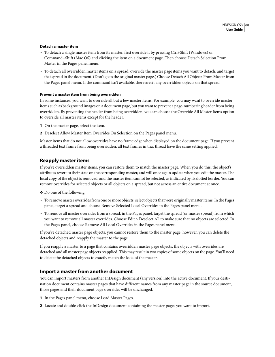 Reapply master items, Import a master from another document | Adobe InDesign CS3 User Manual | Page 75 / 672