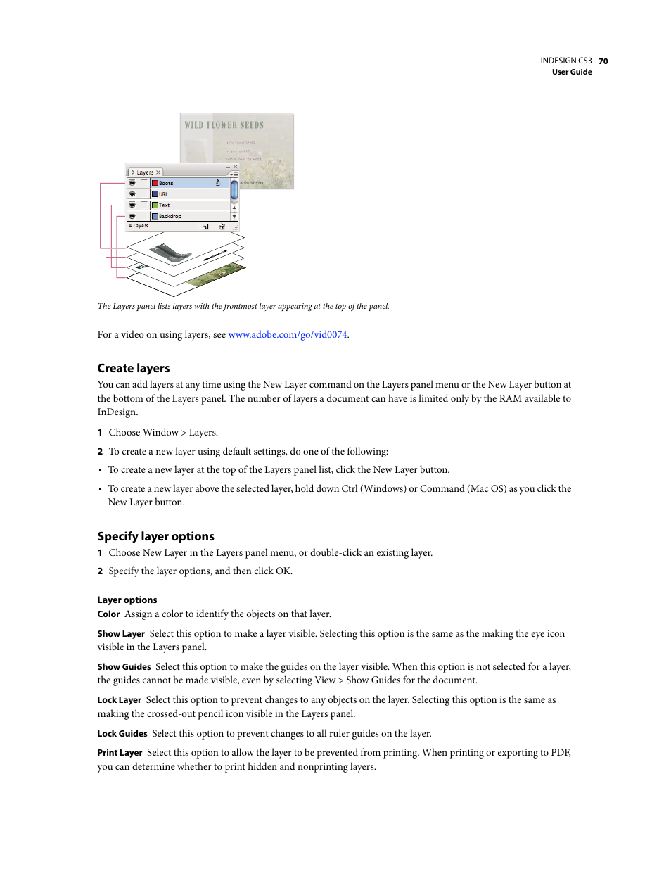 Create layers, Specify layer options | Adobe InDesign CS3 User Manual | Page 77 / 672