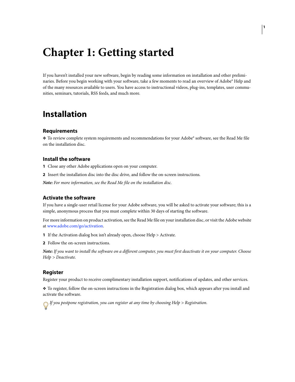 Chapter 1: getting started, Installation, Requirements | Install the software, Activate the software, Register | Adobe InDesign CS3 User Manual | Page 8 / 672