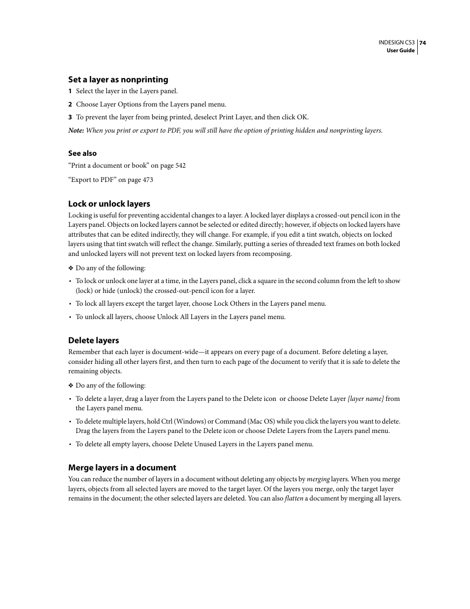 Set a layer as nonprinting, Lock or unlock layers, Delete layers | Merge layers in a document | Adobe InDesign CS3 User Manual | Page 81 / 672