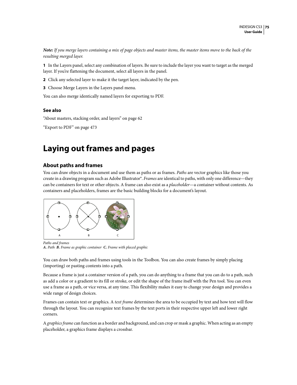 About paths and frames, Laying out frames and pages | Adobe InDesign CS3 User Manual | Page 82 / 672