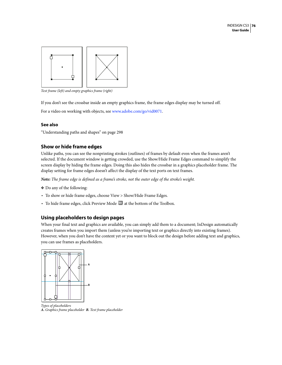 Show or hide frame edges, Using placeholders to design pages | Adobe InDesign CS3 User Manual | Page 83 / 672