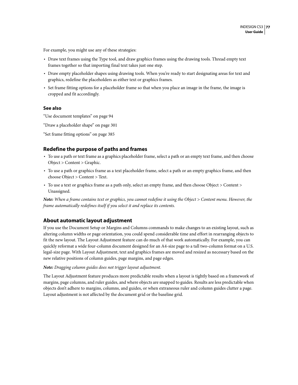 Redefine the purpose of paths and frames, About automatic layout adjustment | Adobe InDesign CS3 User Manual | Page 84 / 672