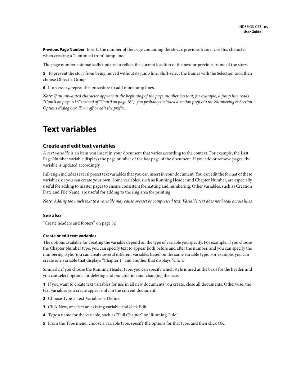 Text variables, Create and edit text variables | Adobe InDesign CS3 User Manual | Page 92 / 672