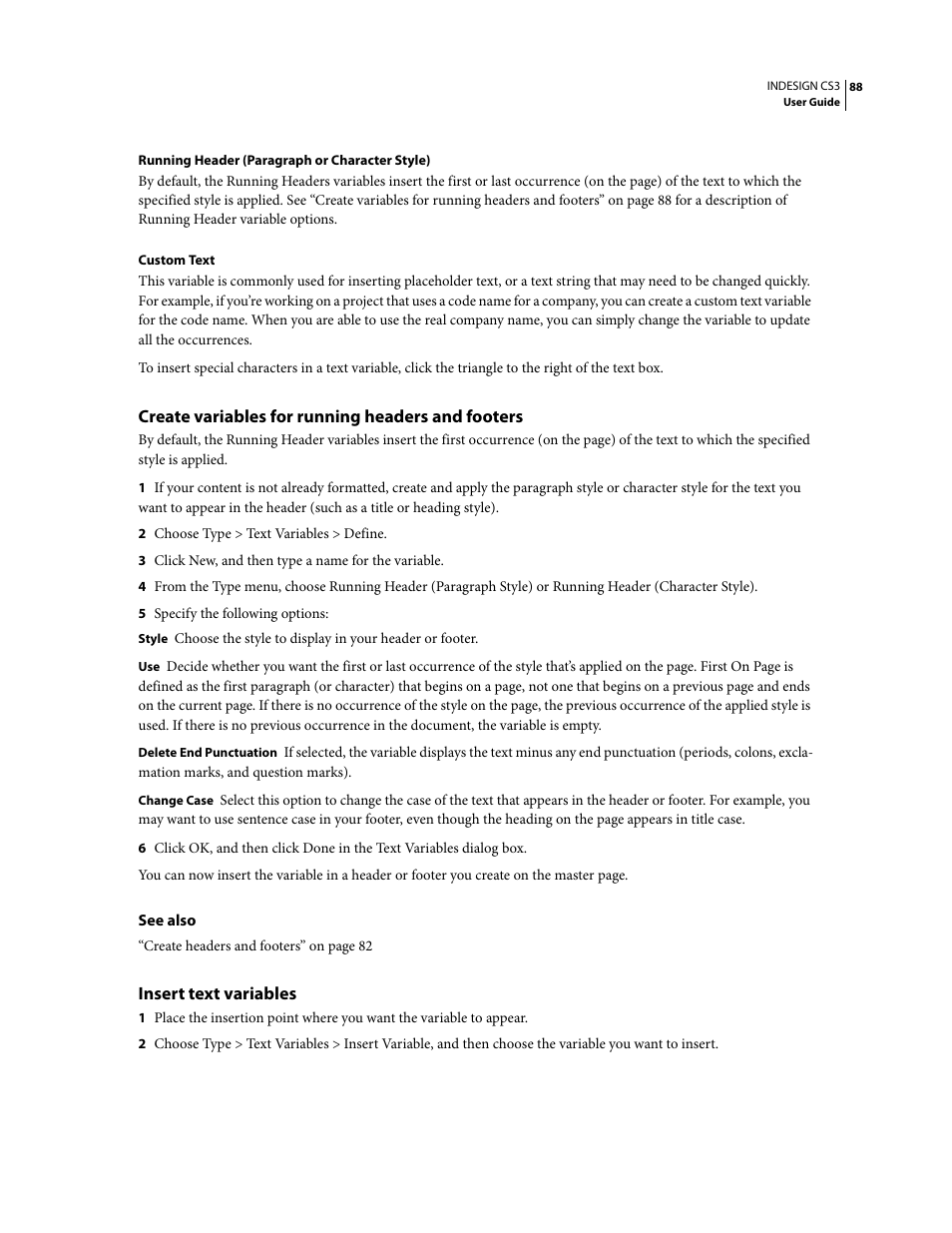 Create variables for running headers and footers, Insert text variables, Create variables for running | Adobe InDesign CS3 User Manual | Page 95 / 672