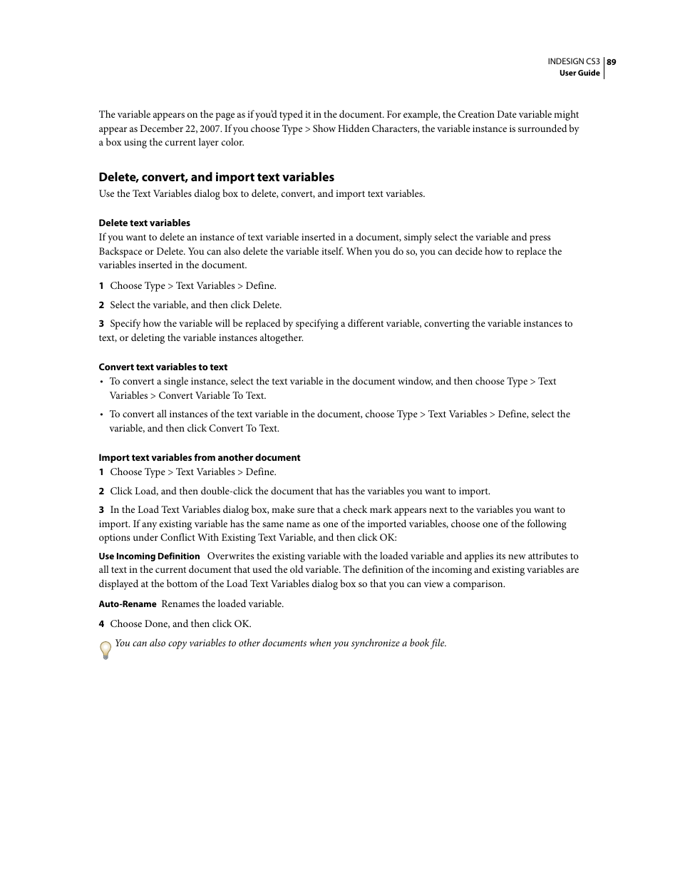 Delete, convert, and import text variables | Adobe InDesign CS3 User Manual | Page 96 / 672