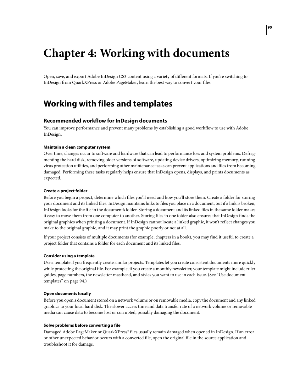Chapter 4: working with documents, Working with files and templates, Recommended workflow for indesign documents | Adobe InDesign CS3 User Manual | Page 97 / 672