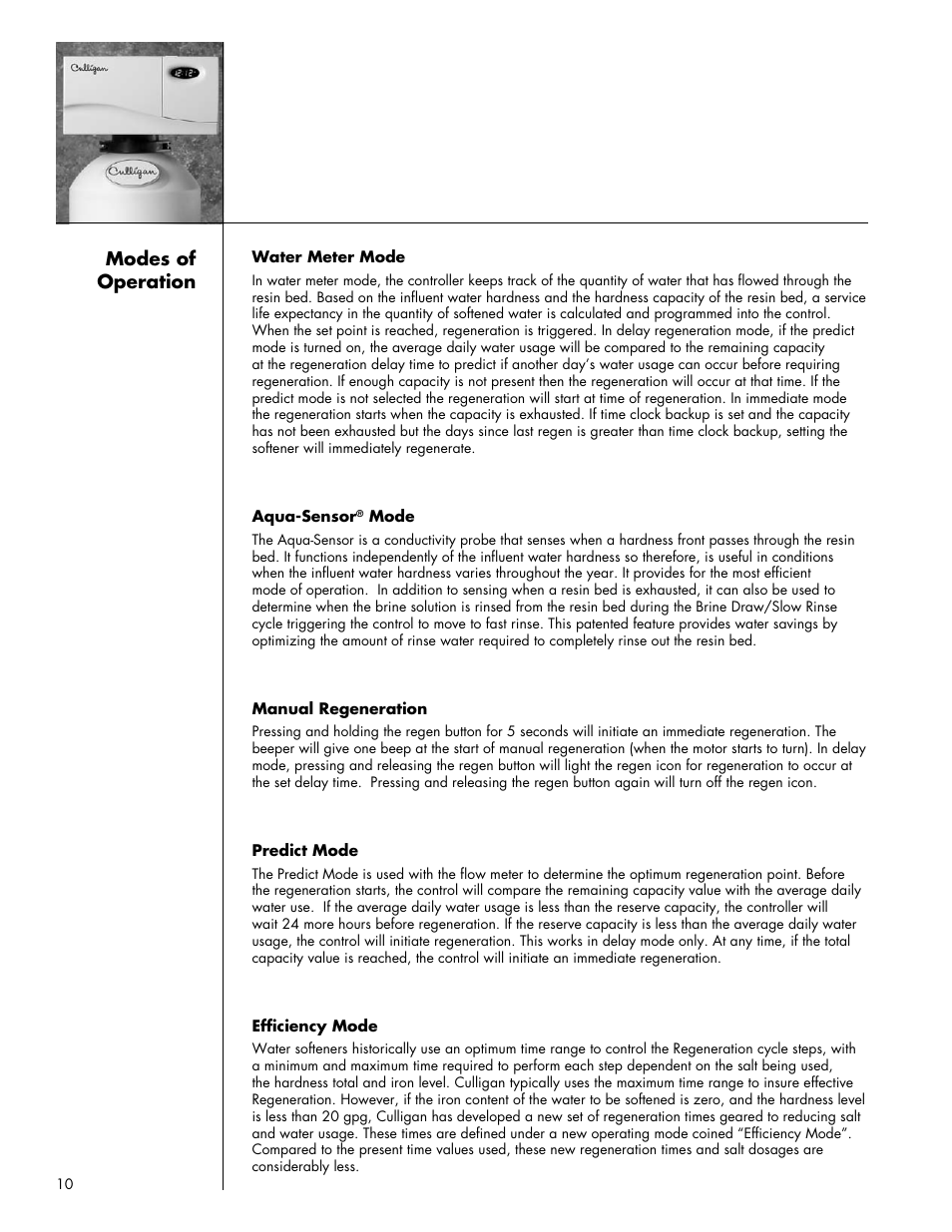 Modes of operation | Culligan Gold Series User Manual | Page 10 / 59