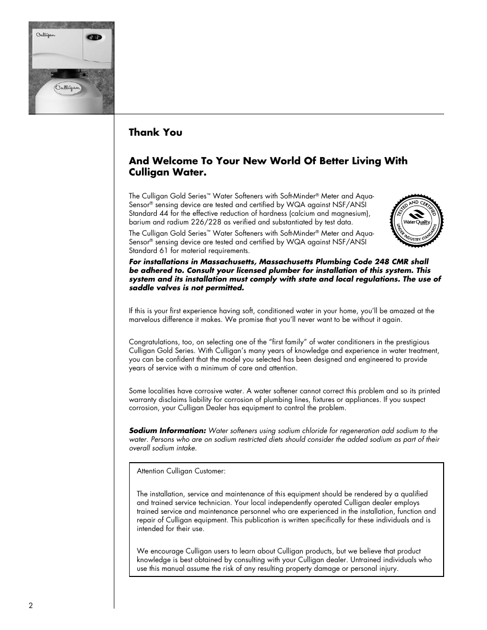 Culligan Gold Series User Manual | Page 2 / 59