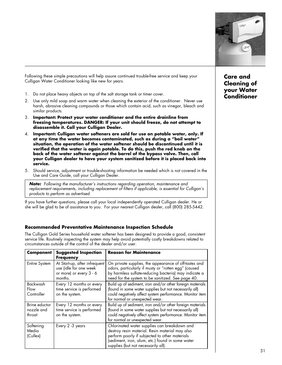 Care and cleaning of your water conditioner | Culligan Gold Series User Manual | Page 31 / 59