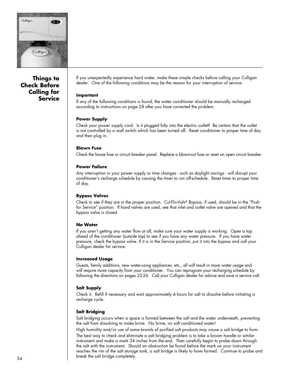 Things to check before calling for service | Culligan Gold Series User Manual | Page 34 / 59