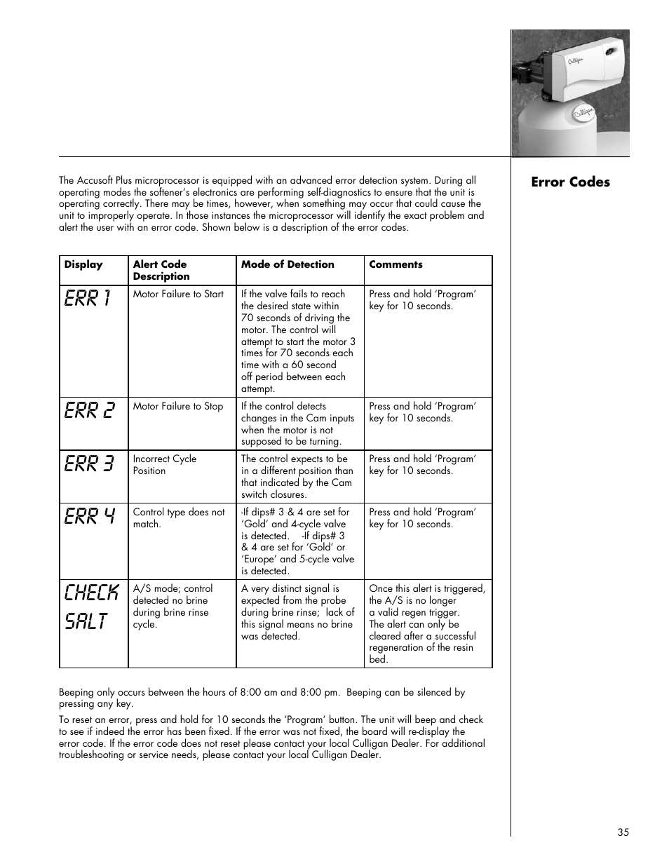 Err 1, Err 2, Err 3 | Err 4, Check salt | Culligan Gold Series User Manual | Page 35 / 59