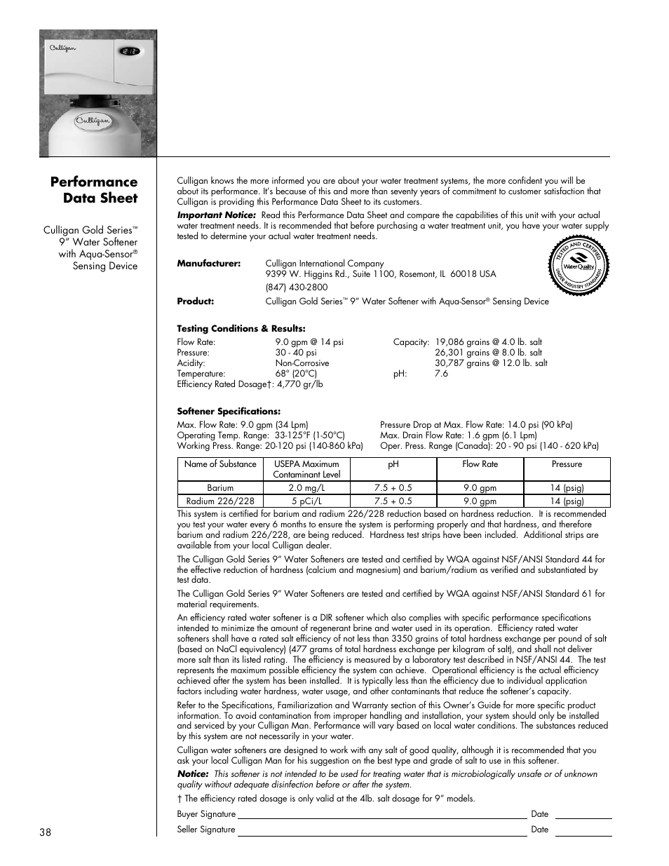 Performance data sheet | Culligan Gold Series User Manual | Page 38 / 59