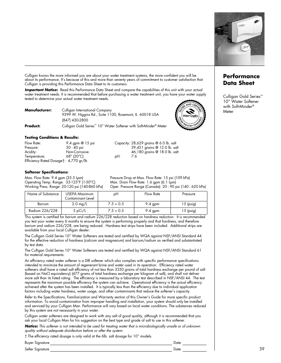 Performance data sheet | Culligan Gold Series User Manual | Page 39 / 59