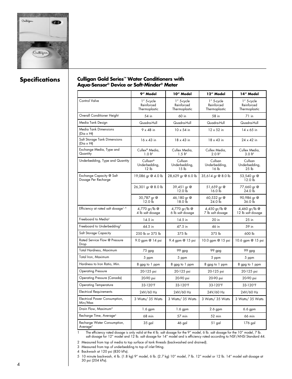 Specifications, Culligan gold series, Water conditioners with aqua-sensor | Device or soft-minder, Meter | Culligan Gold Series User Manual | Page 4 / 59