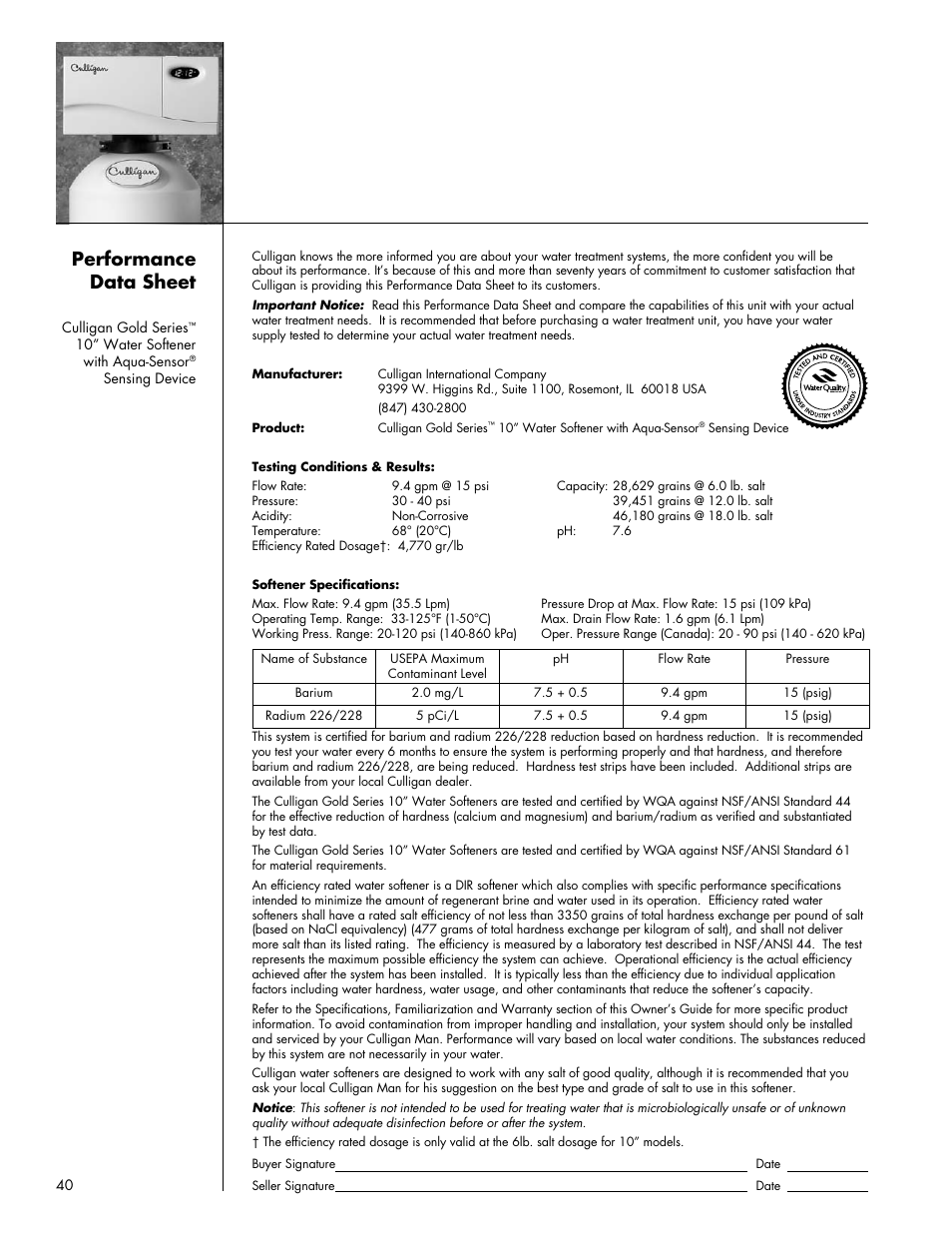 Performance data sheet | Culligan Gold Series User Manual | Page 40 / 59