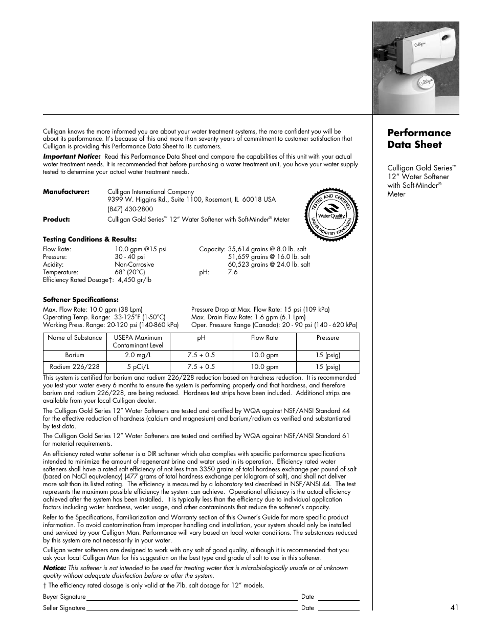 Performance data sheet | Culligan Gold Series User Manual | Page 41 / 59