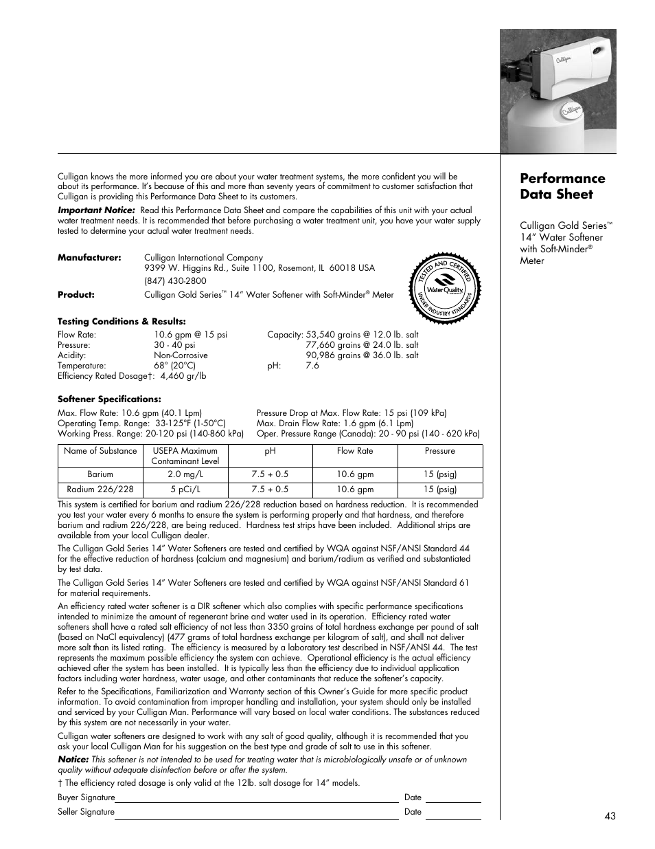 Performance data sheet | Culligan Gold Series User Manual | Page 43 / 59