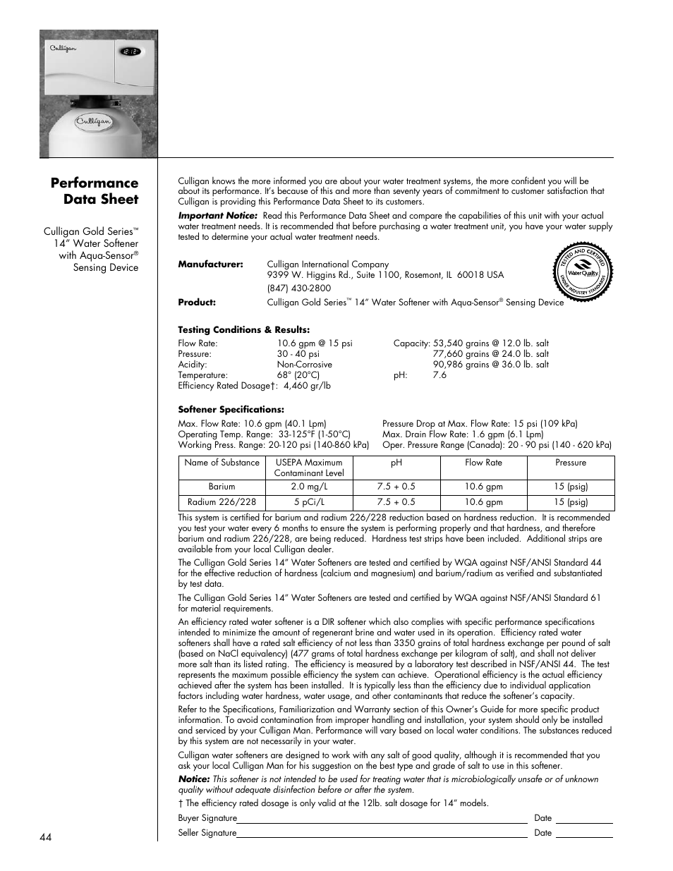 Performance data sheet | Culligan Gold Series User Manual | Page 44 / 59