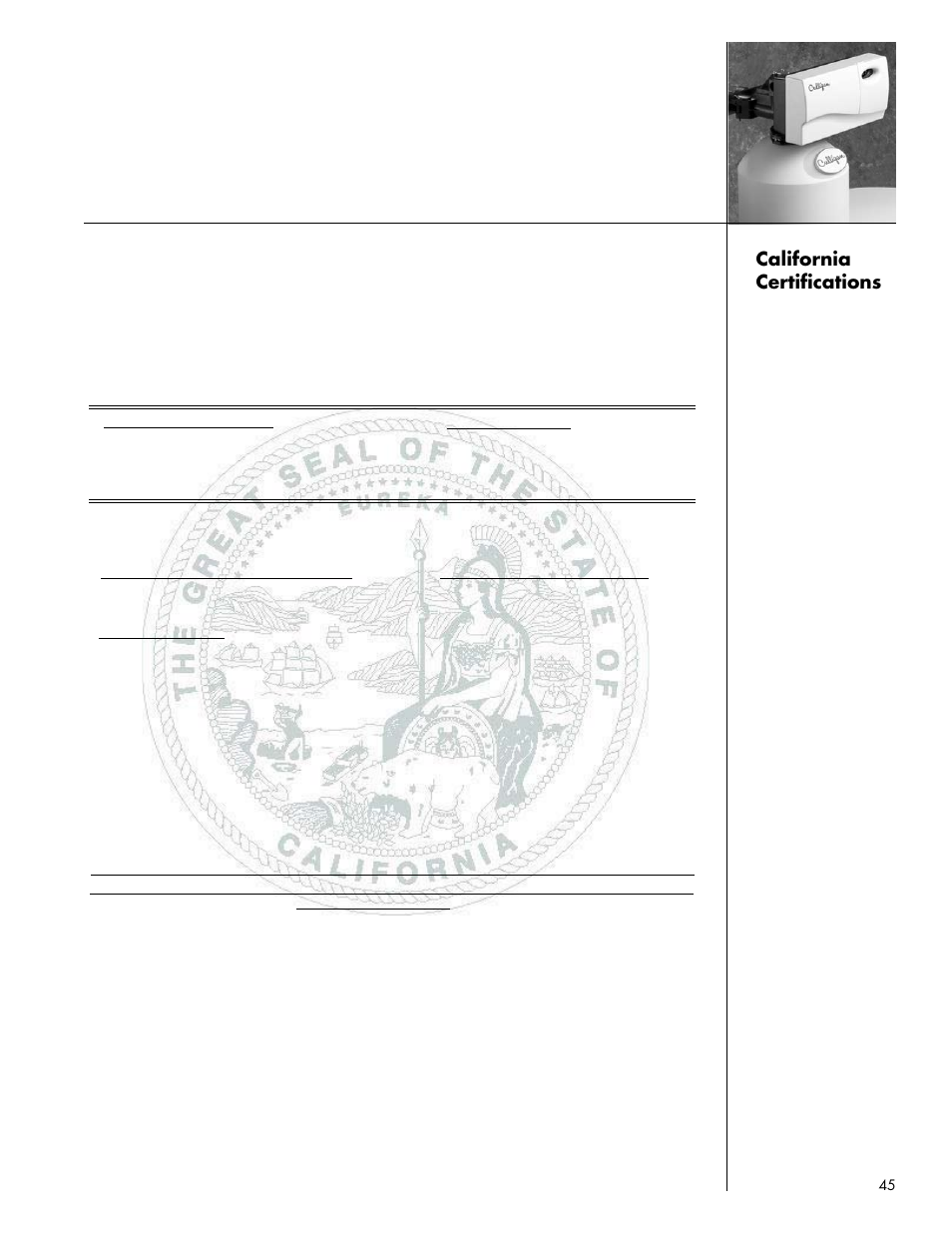 Water treatment device certificate number, California certifications | Culligan Gold Series User Manual | Page 45 / 59