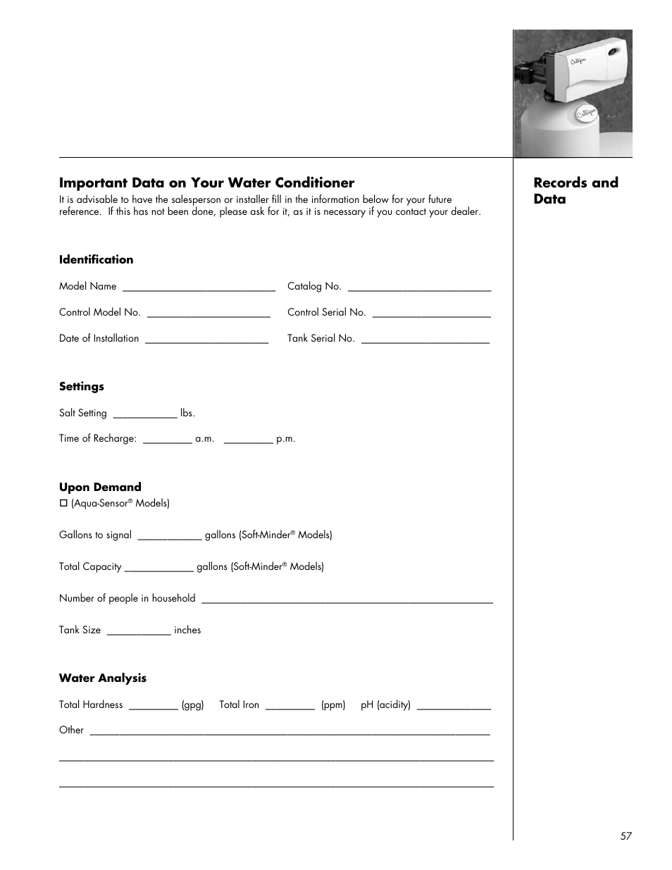 Important data on your water conditioner, Records and data | Culligan Gold Series User Manual | Page 57 / 59
