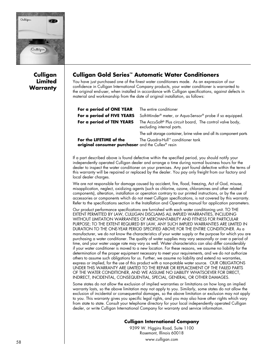 Culligan gold series, Automatic water conditioners, Culligan limited warranty | Culligan Gold Series User Manual | Page 58 / 59