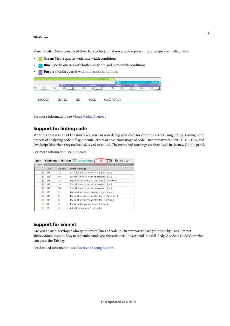 Support for linting code, Support for emmet | Adobe Dreamweaver CC 2015 User Manual | Page 10 / 700