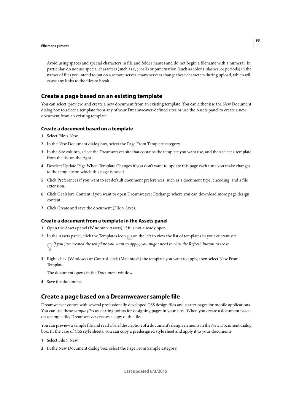 Create a document based on a template, Create a page based on an existing template, Create a page based on a dreamweaver sample file | Adobe Dreamweaver CC 2015 User Manual | Page 100 / 700