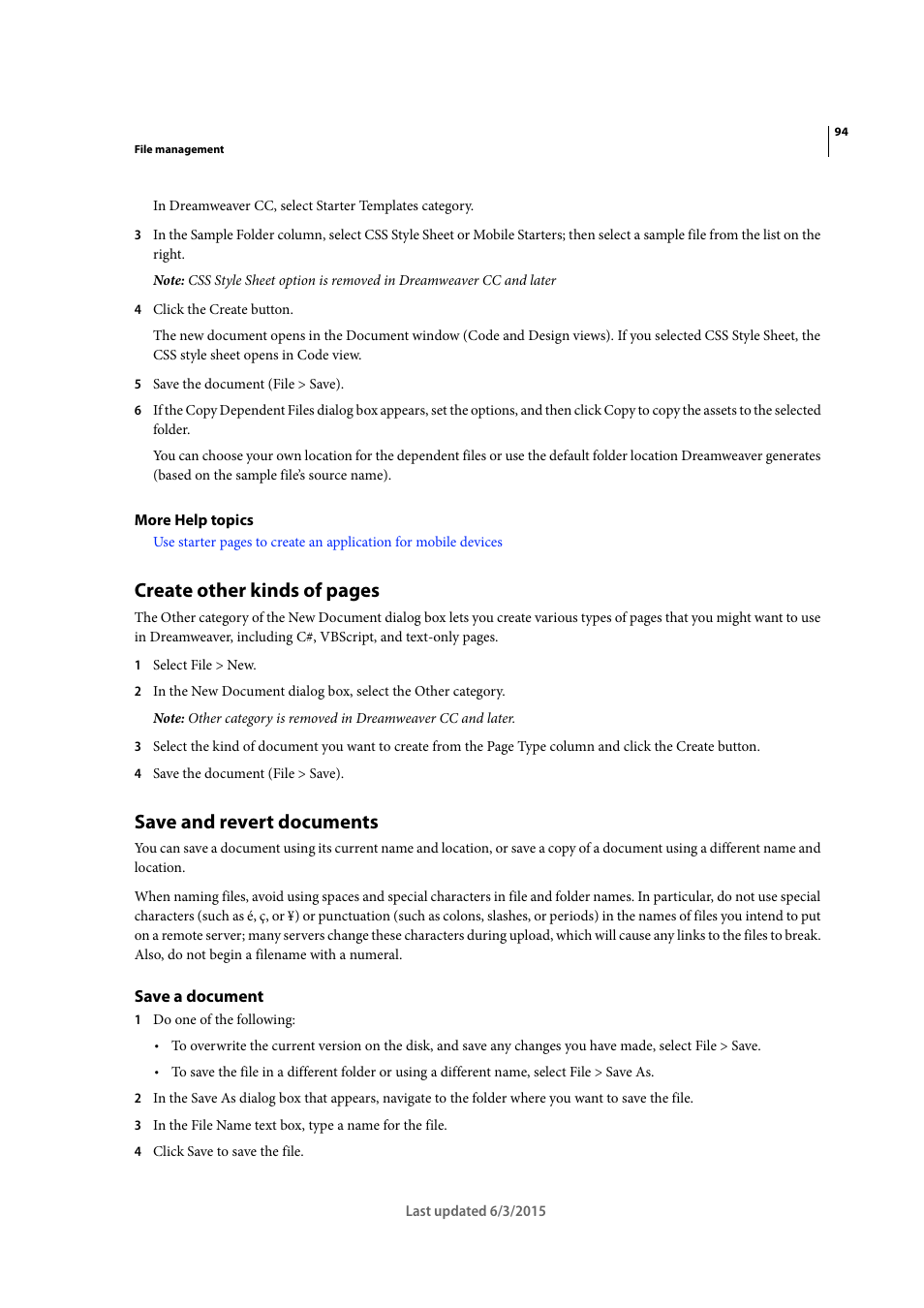 Save and revert documents, Save a document, Create other kinds of pages | Adobe Dreamweaver CC 2015 User Manual | Page 101 / 700