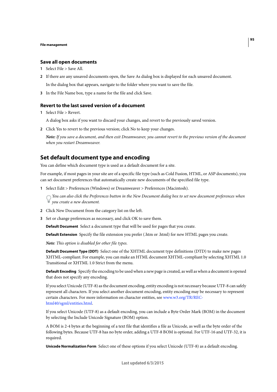 Save all open documents, Revert to the last saved version of a document, Set default document type and encoding | Adobe Dreamweaver CC 2015 User Manual | Page 102 / 700