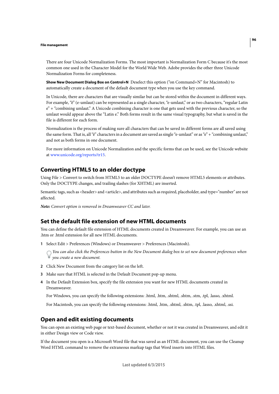 Converting html5 to an older doctype, Open and edit existing documents | Adobe Dreamweaver CC 2015 User Manual | Page 103 / 700