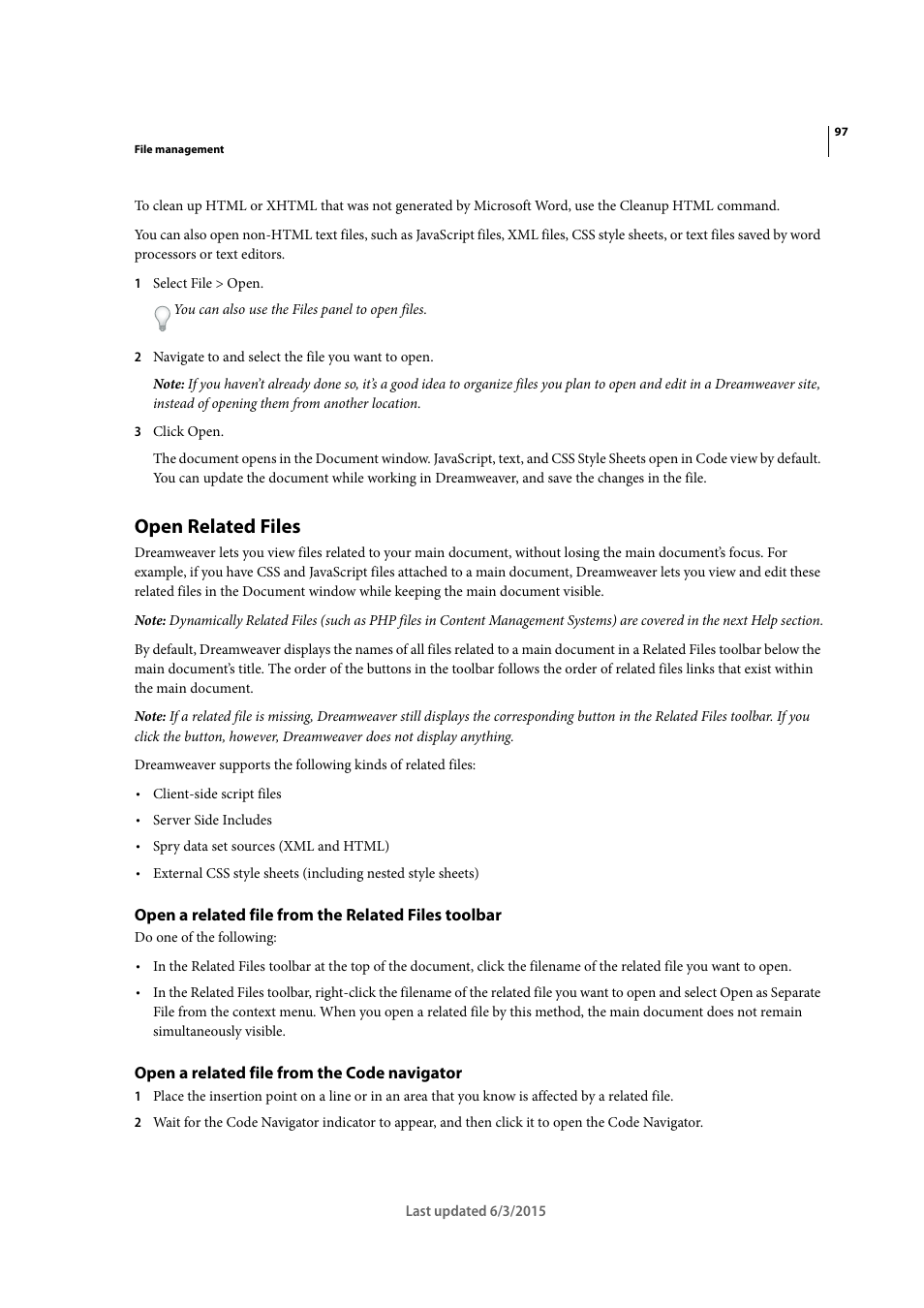 Open related files, Open a related file from the related files toolbar, Open a related file from the code navigator | Adobe Dreamweaver CC 2015 User Manual | Page 104 / 700
