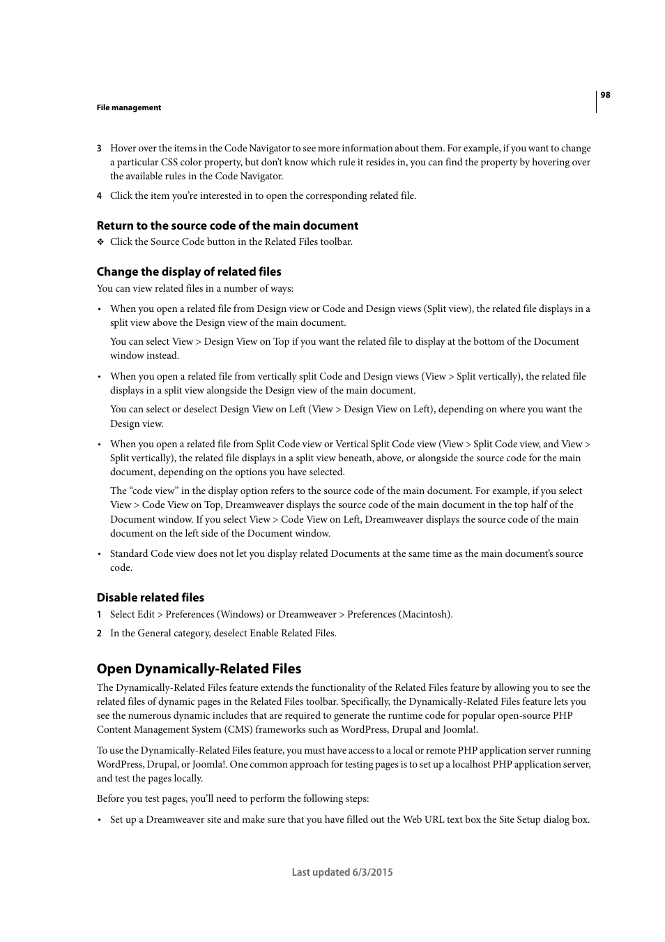 Return to the source code of the main document, Change the display of related files, Disable related files | Open dynamically-related files | Adobe Dreamweaver CC 2015 User Manual | Page 105 / 700