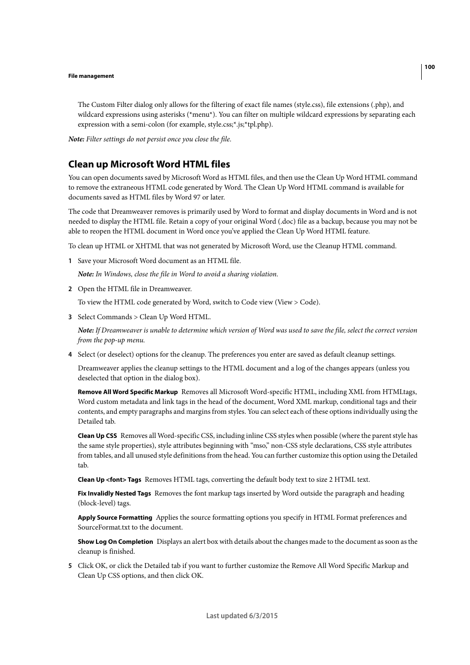 Clean up microsoft word html files | Adobe Dreamweaver CC 2015 User Manual | Page 107 / 700