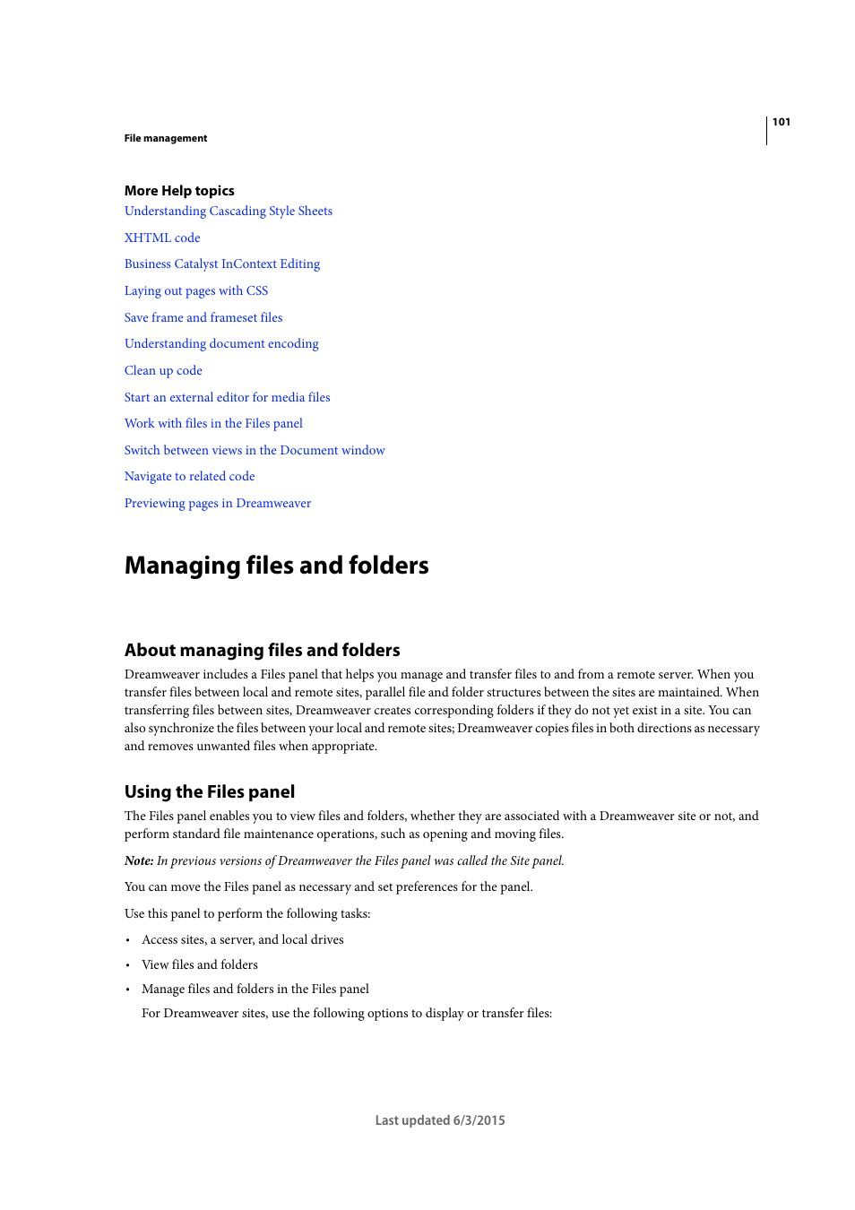 Managing files and folders, About managing files and folders, Using the files panel | Adobe Dreamweaver CC 2015 User Manual | Page 108 / 700