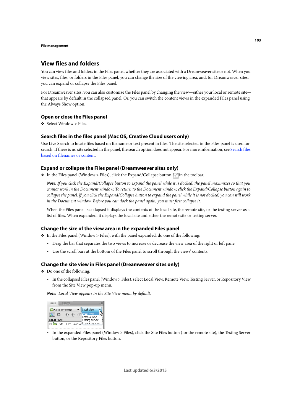 View files and folders, Open or close the files panel | Adobe Dreamweaver CC 2015 User Manual | Page 110 / 700