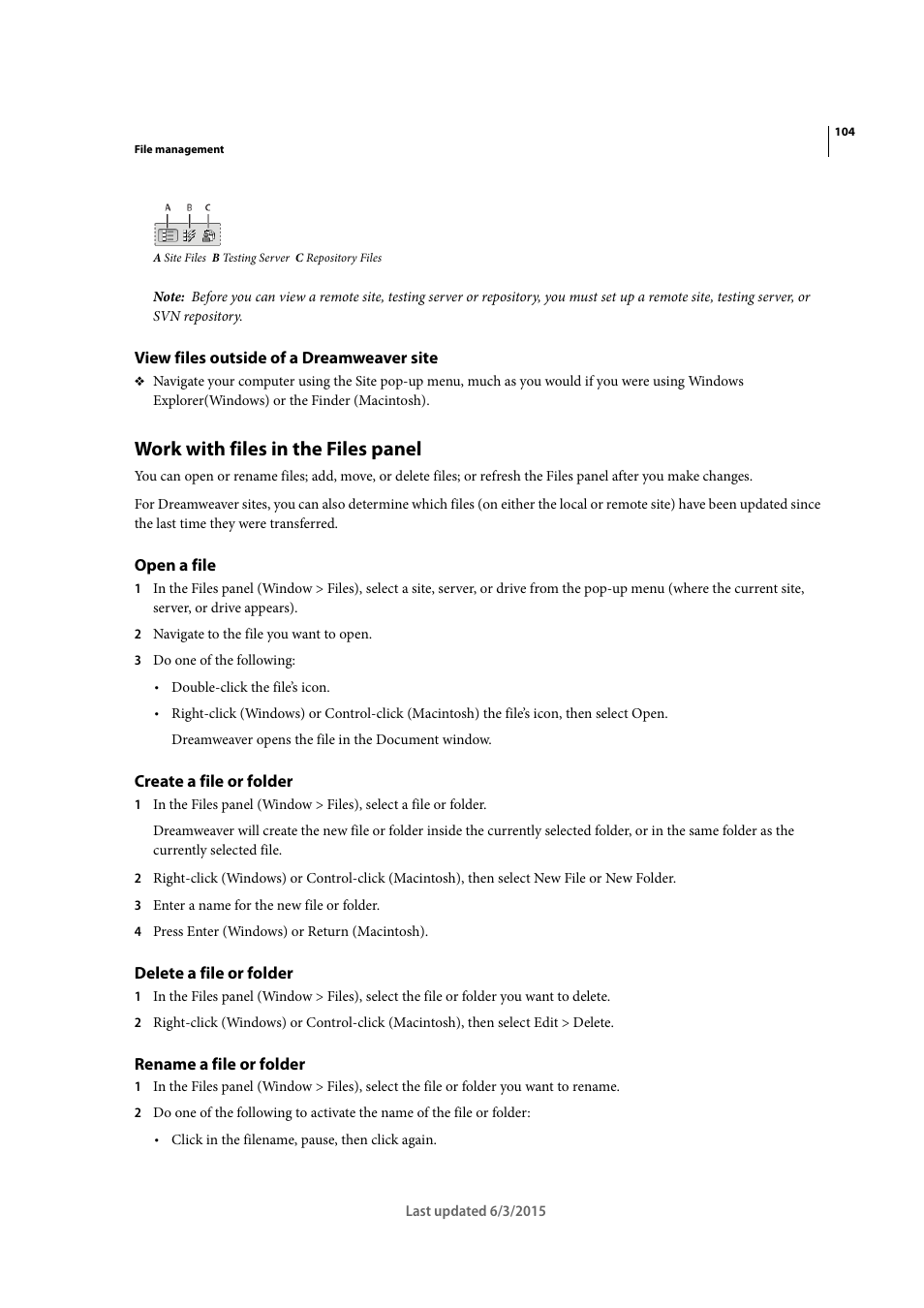 View files outside of a dreamweaver site, Work with files in the files panel, Open a file | Create a file or folder, Delete a file or folder, Rename a file or folder | Adobe Dreamweaver CC 2015 User Manual | Page 111 / 700