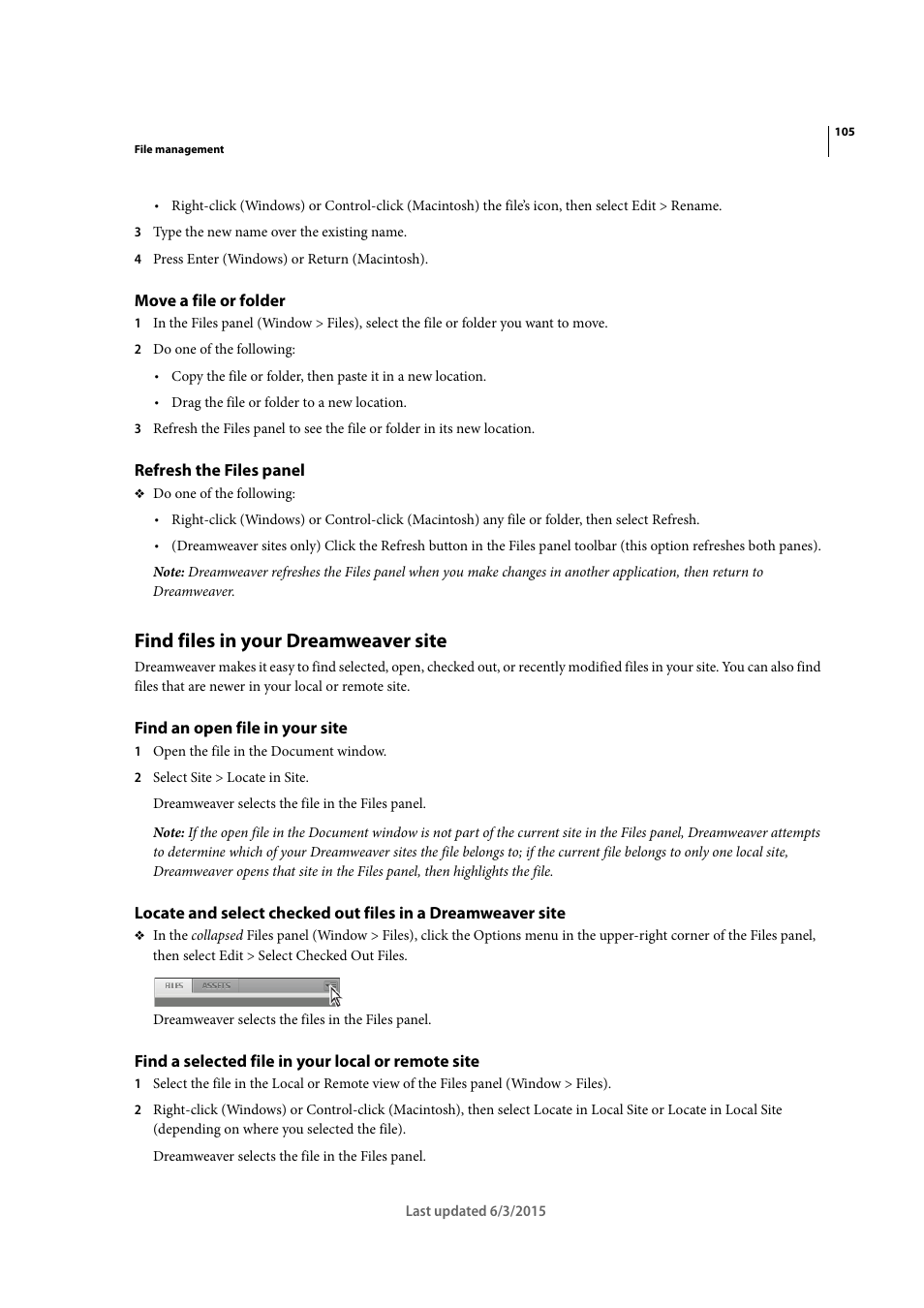 Move a file or folder, Refresh the files panel, Find files in your dreamweaver site | Find an open file in your site, Find a selected file in your local or remote site | Adobe Dreamweaver CC 2015 User Manual | Page 112 / 700