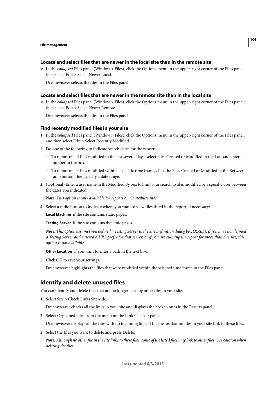 Find recently modified files in your site, Identify and delete unused files | Adobe Dreamweaver CC 2015 User Manual | Page 113 / 700