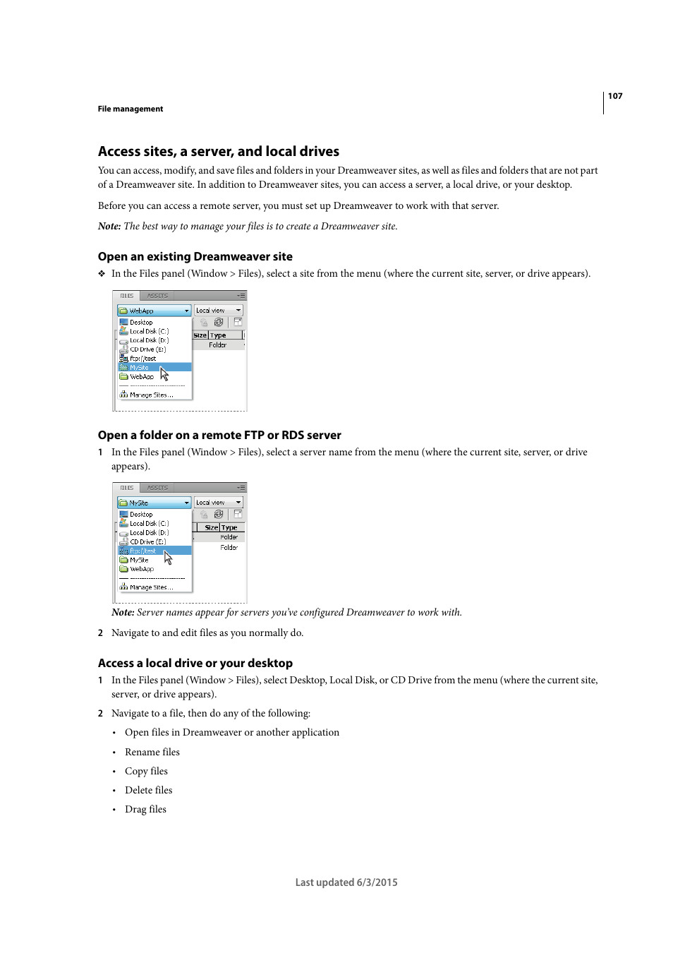 Access sites, a server, and local drives, Open an existing dreamweaver site, Open a folder on a remote ftp or rds server | Access a local drive or your desktop | Adobe Dreamweaver CC 2015 User Manual | Page 114 / 700