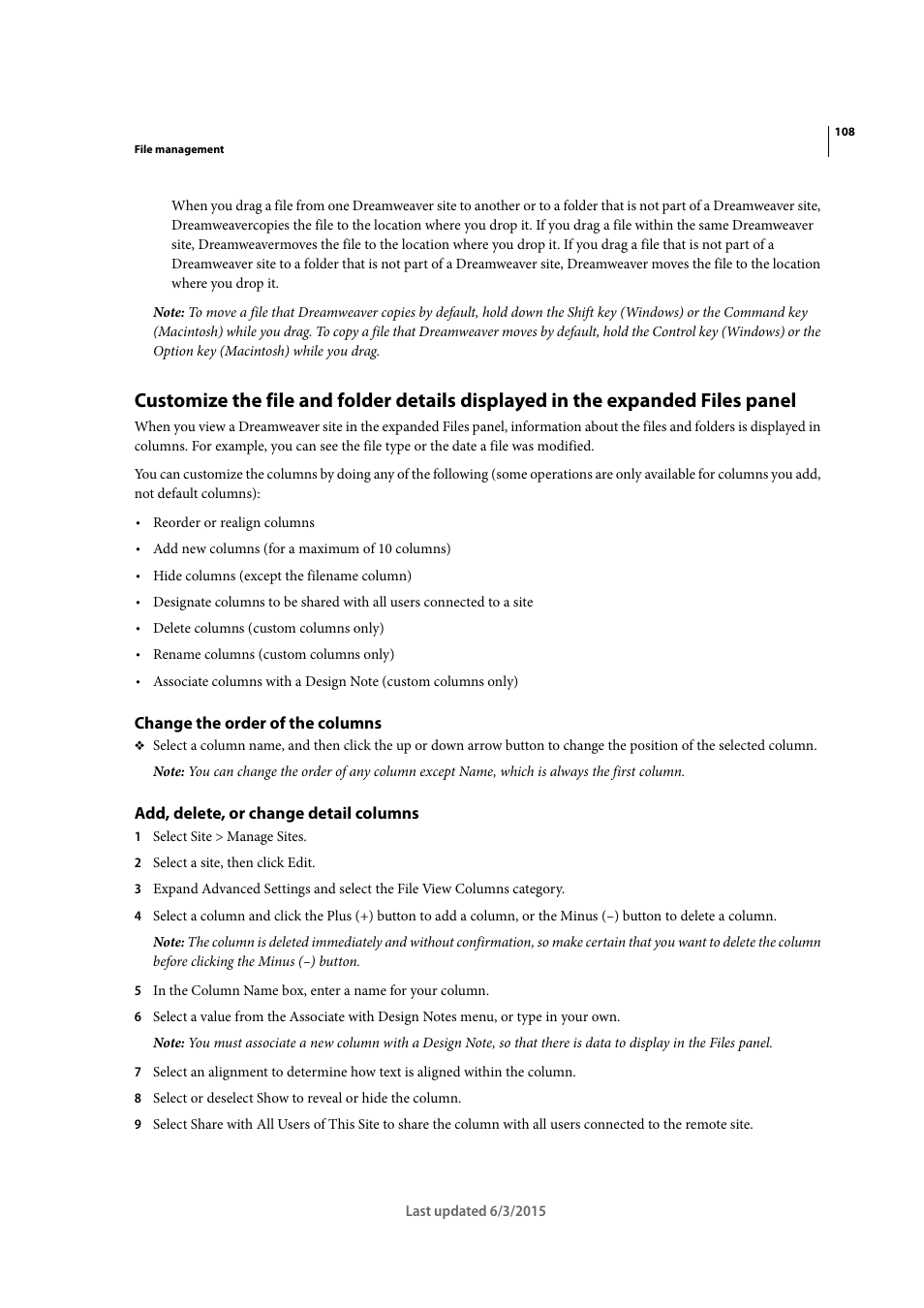 Change the order of the columns, Add, delete, or change detail columns | Adobe Dreamweaver CC 2015 User Manual | Page 115 / 700