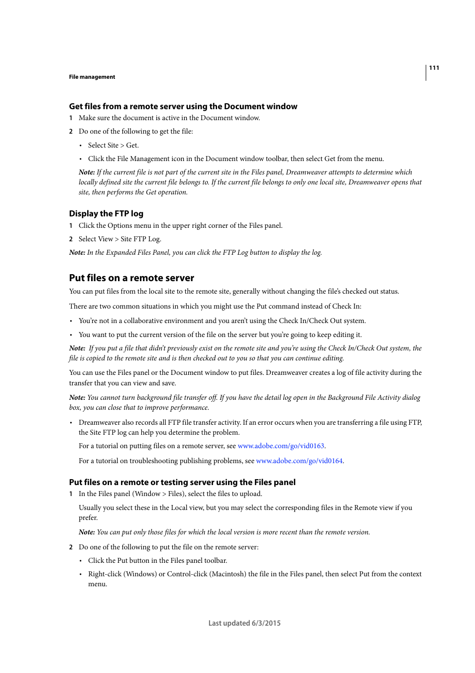 Display the ftp log, Put files on a remote server | Adobe Dreamweaver CC 2015 User Manual | Page 118 / 700