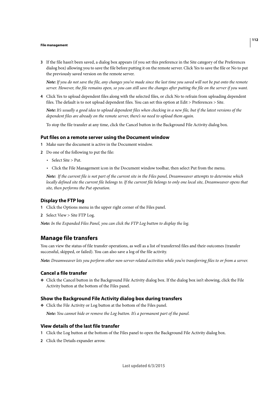 Display the ftp log, Manage file transfers, Cancel a file transfer | View details of the last file transfer | Adobe Dreamweaver CC 2015 User Manual | Page 119 / 700