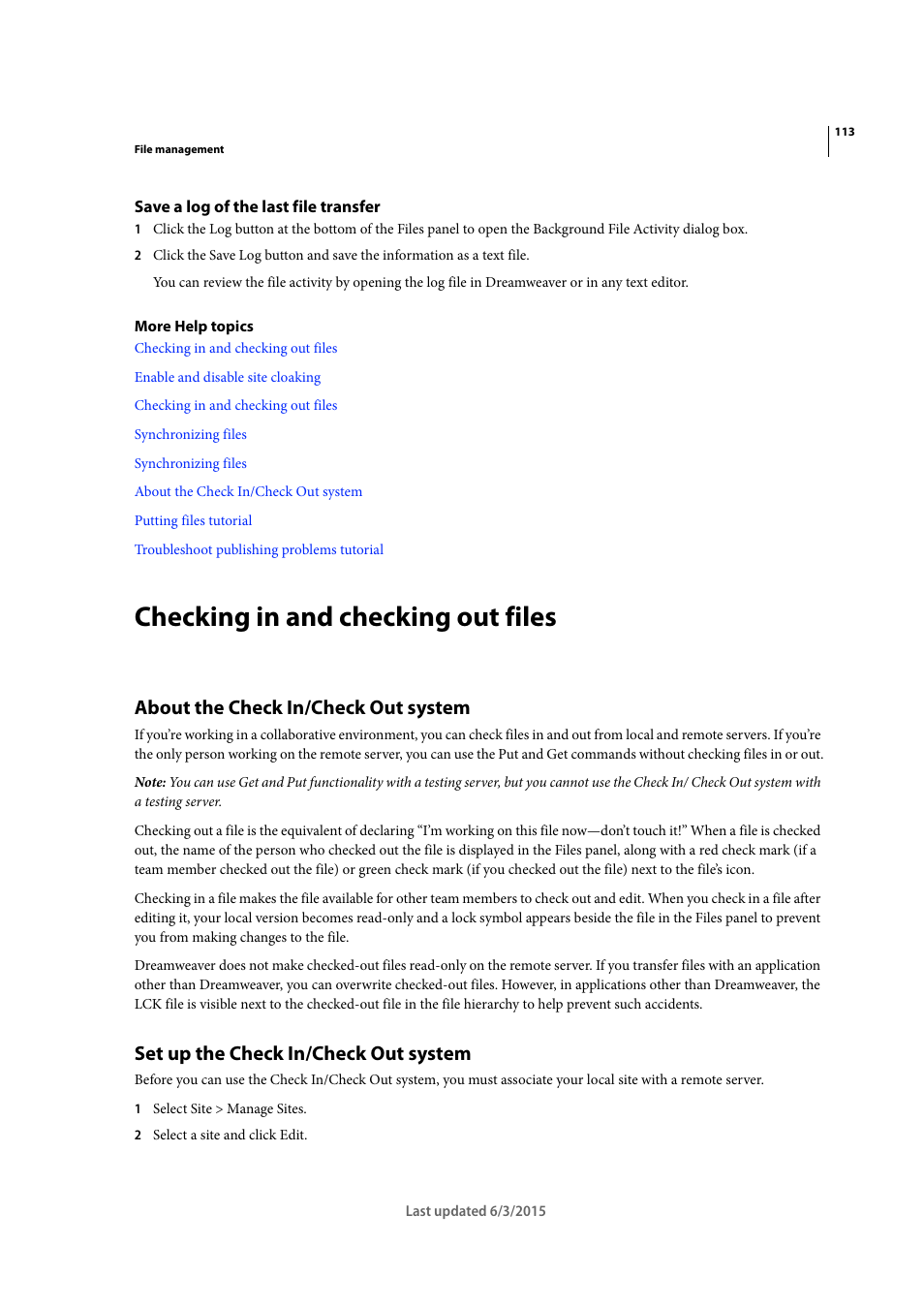 Save a log of the last file transfer, Checking in and checking out files, About the check in/check out system | Set up the check in/check out system | Adobe Dreamweaver CC 2015 User Manual | Page 120 / 700